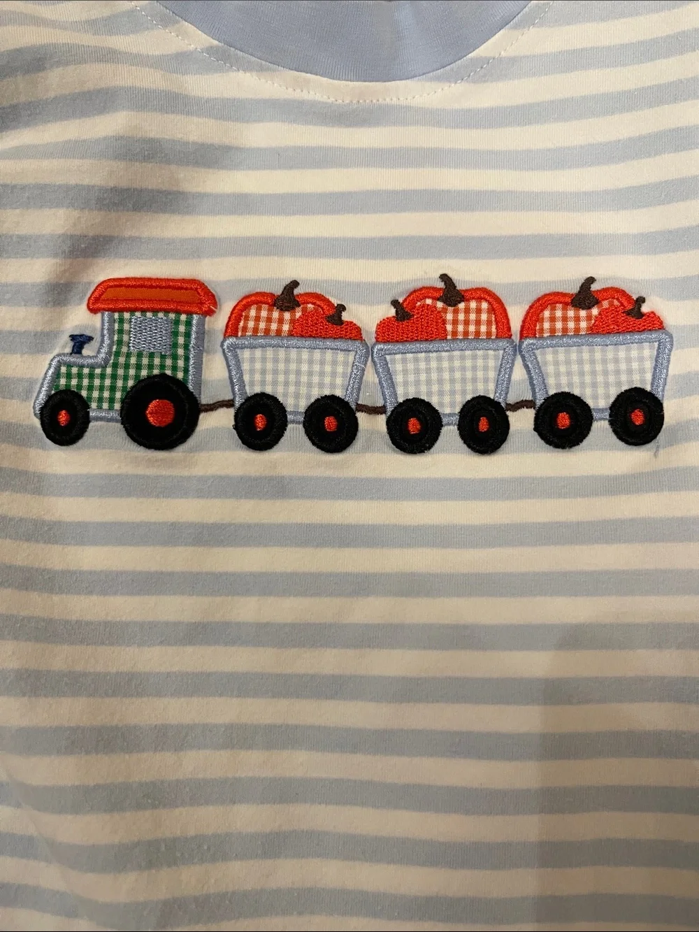 Cecil and Lou train and pumpkins blue striped one piece size 18 months